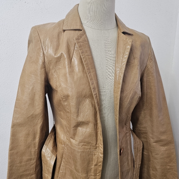 Express Y2K Crinkle Leather Belted Camel Coat Size 1/2 - Picture 14 of 16